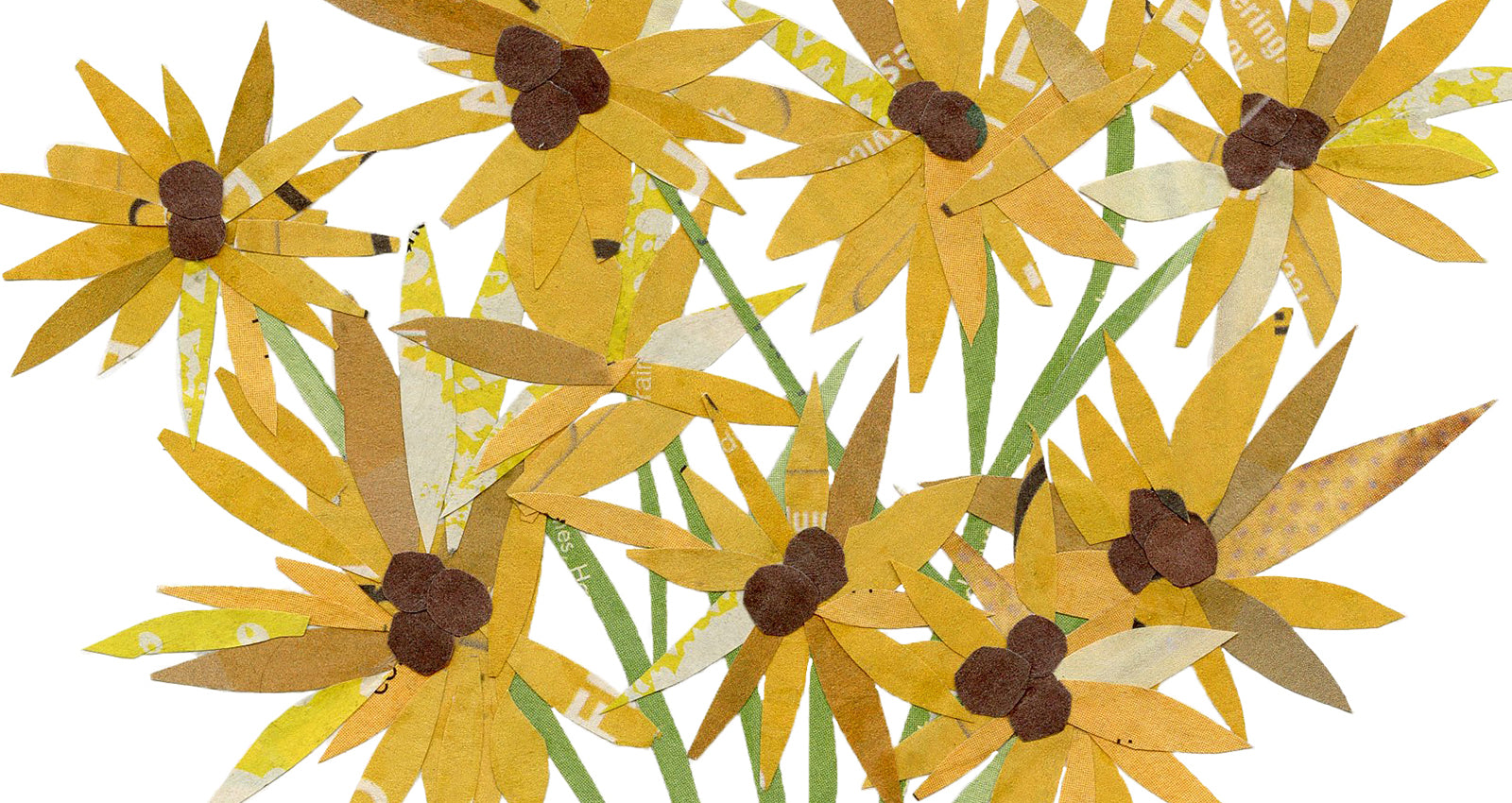 A close up of a textured collage of bright, sunny sunflowers on whimsical green stems poking out of a blue ginger jar vase.