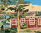 A roughly collaged image of the Glen Having Canning Company's bright red building with Lake Michigan in the distant background.