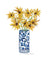 Bright, sunny sunflowers on individual stems poking out of a cheery blue ginger jar vase all on a white background. 